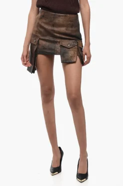 Outlet Minigonna Cargo in Pelle con Tasche Asimmetriche Donna Gonne