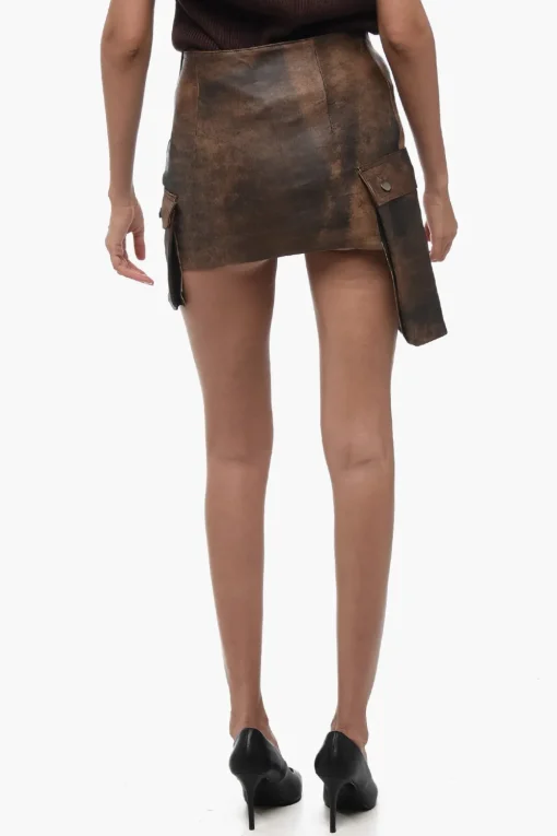 Outlet Minigonna Cargo in Pelle con Tasche Asimmetriche Donna Gonne