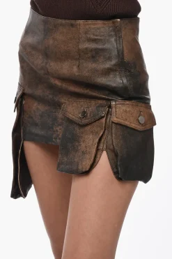 Outlet Minigonna Cargo in Pelle con Tasche Asimmetriche Donna Gonne
