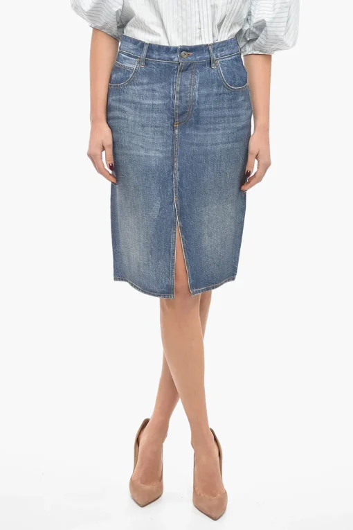 Minigonna in Crepe Effetto Denim con Spacco Frontale>Bottega Veneta Clearance