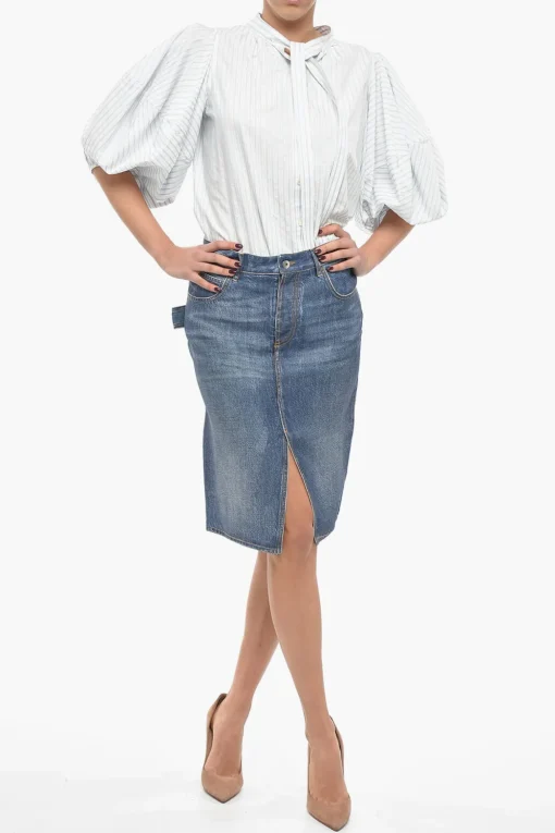 Minigonna in Crepe Effetto Denim con Spacco Frontale>Bottega Veneta Clearance