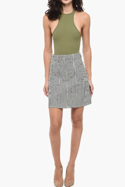 Online Minigonna in Denim a Righe Awning con Ricami Donna Gonne