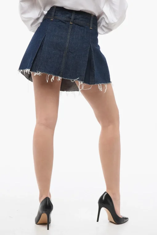 Minigonna in Denim Sfrangiata con Pieghe>Celine Best