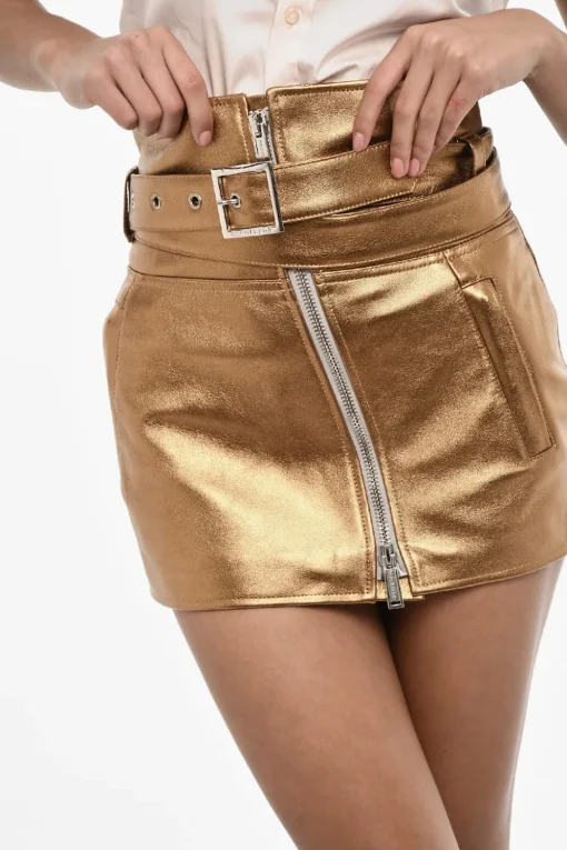 Minigonna In Pelle Metallizzata a Vita Alta con Cintura>Dsquared2 Discount