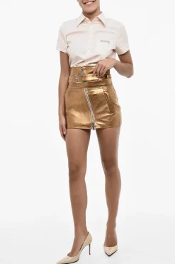 Minigonna In Pelle Metallizzata a Vita Alta con Cintura></noscript>Dsquared2 Discount