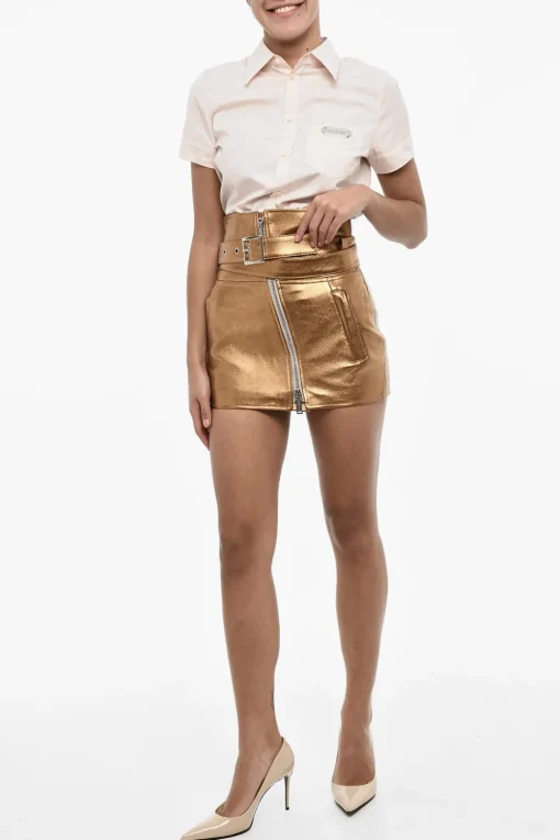 Minigonna In Pelle Metallizzata a Vita Alta con Cintura>Dsquared2 Discount