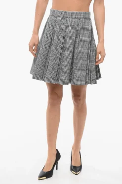 Minigonna Plissè in Misto Lana Vergine con Motivo District Check>Balmain New