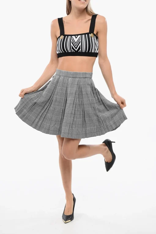 Minigonna Plissè in Misto Lana Vergine con Motivo District Check>Balmain New