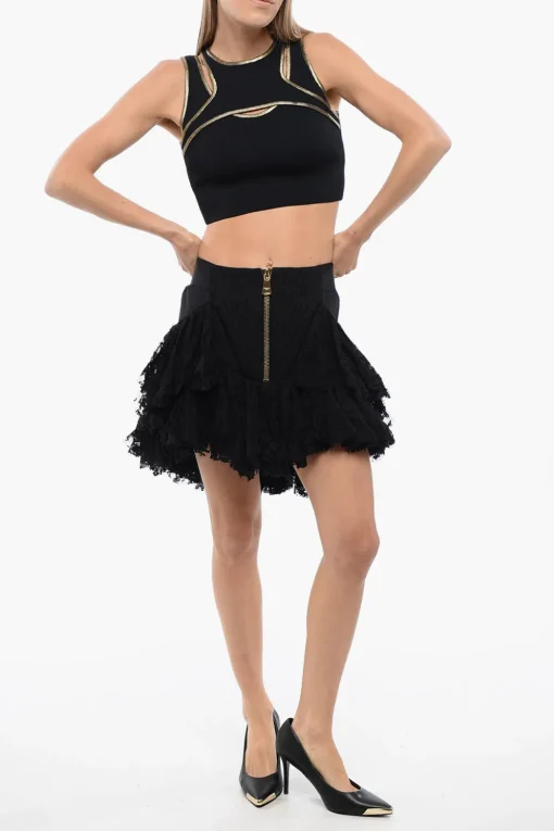 Minigonna Ruffle in Pizzo con Zip Posteriore>Balmain New