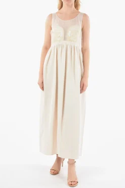 New MM1 Abito in Seta Smanicato con Corpetto Ricamato in Chiffon e Gonna Plissettata Donna Vestiti