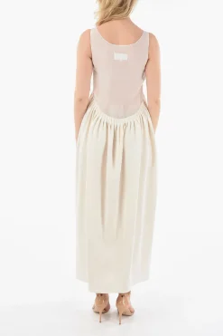 New MM1 Abito in Seta Smanicato con Corpetto Ricamato in Chiffon e Gonna Plissettata Donna Vestiti