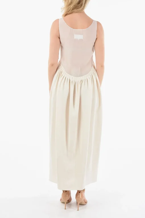 New MM1 Abito in Seta Smanicato con Corpetto Ricamato in Chiffon e Gonna Plissettata Donna Vestiti