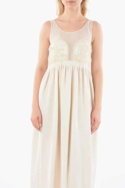New MM1 Abito in Seta Smanicato con Corpetto Ricamato in Chiffon e Gonna Plissettata Donna Vestiti