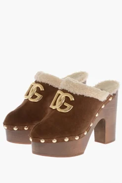 Outlet Mules in Shearling con Tacco in Legno 12cm Donna Scarpe Con Tacco