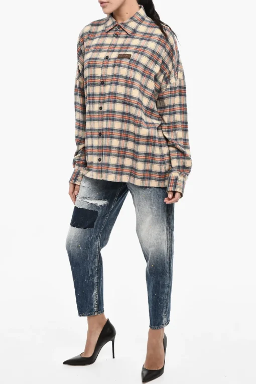 Outlet Overshirt a Quadri in Cotone con Logo in Pelle Donna Camicie