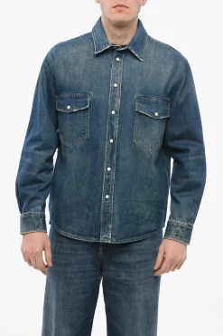 Hot Overshirt in Denim con Doppio Taschino e Logo in Rilievo Uomo Giubbotti
