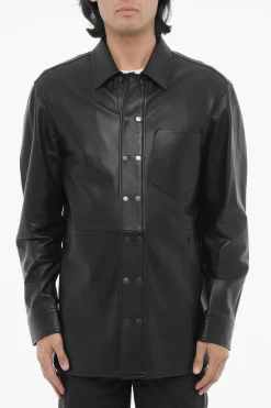 Fashion Overshirt in Pelle e Cotone con Abbottonatura Frontale Uomo Giubbotti