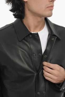 Fashion Overshirt in Pelle e Cotone con Abbottonatura Frontale Uomo Giubbotti