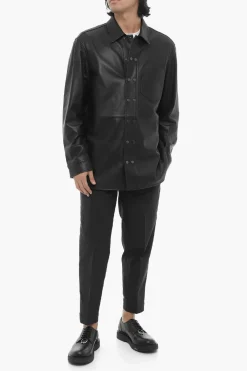 Fashion Overshirt in Pelle e Cotone con Abbottonatura Frontale Uomo Giubbotti