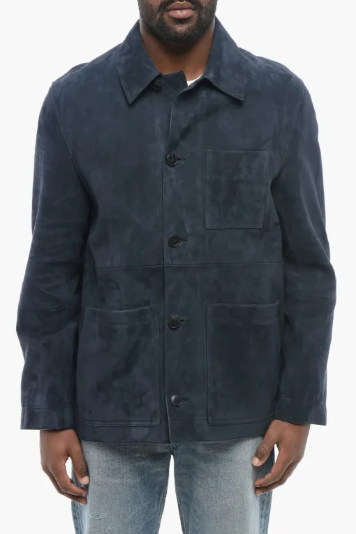 New Overshirt in Suede con Tasche a Toppa Uomo Giubbotti