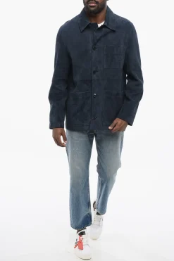 New Overshirt in Suede con Tasche a Toppa Uomo Giubbotti