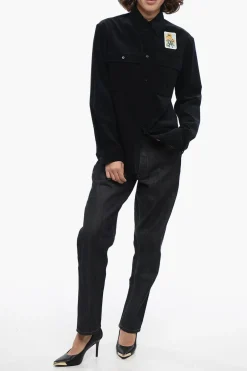 Fashion Overshirt in Velour a Coste con Patch Ricamato Donna Camicie