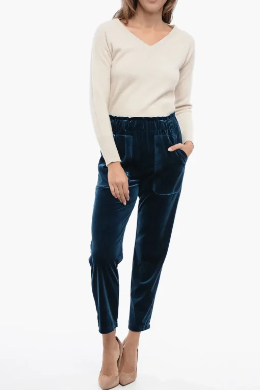 New Pantaloni 2 Tasche in Ciniglia con Elastico in Vita Donna Pantaloni