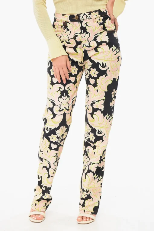 New Pantaloni 5 Tasche in Denim Motivo Floreale Donna Pantaloni