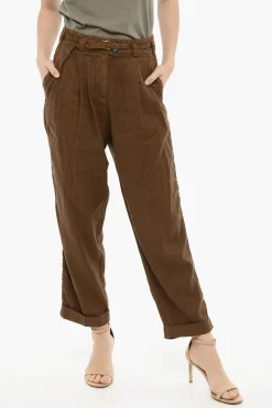 Fashion Pantaloni a Doppia Pince in Cotone e Linio con Cintura Donna Pantaloni