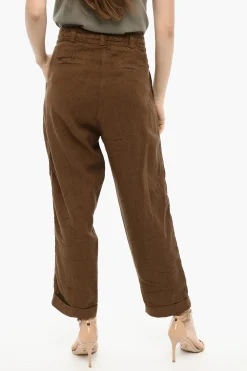 Fashion Pantaloni a Doppia Pince in Cotone e Linio con Cintura Donna Pantaloni