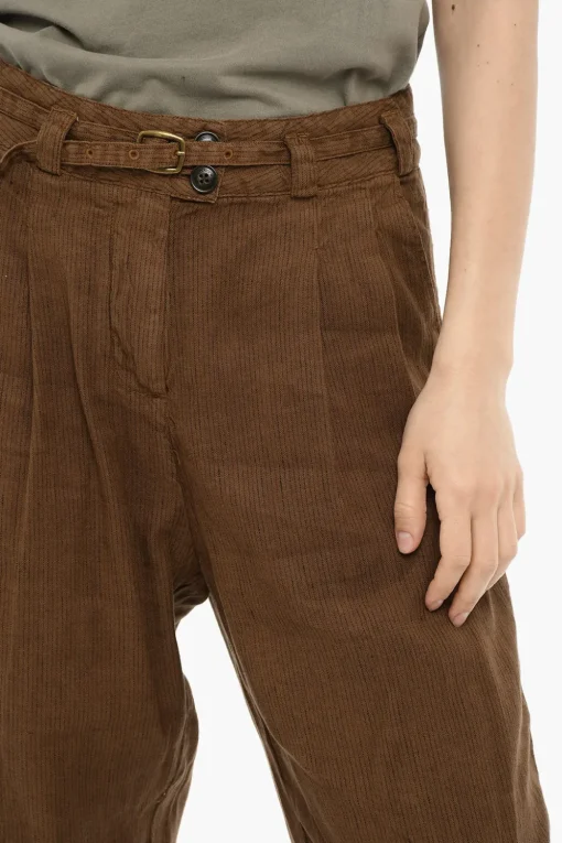 Fashion Pantaloni a Doppia Pince in Cotone e Linio con Cintura Donna Pantaloni