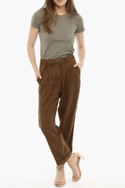 Fashion Pantaloni a Doppia Pince in Cotone e Linio con Cintura Donna Pantaloni