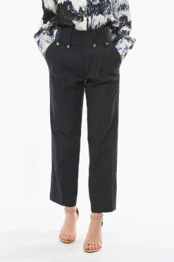 New Pantaloni a Una Pince DOLORES In Lino e Lana Vergine con Bottoni Dorati Donna Pantaloni
