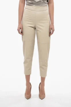 New Pantaloni a Vita Alta in Pelle con Zip Laterale Donna Pantaloni