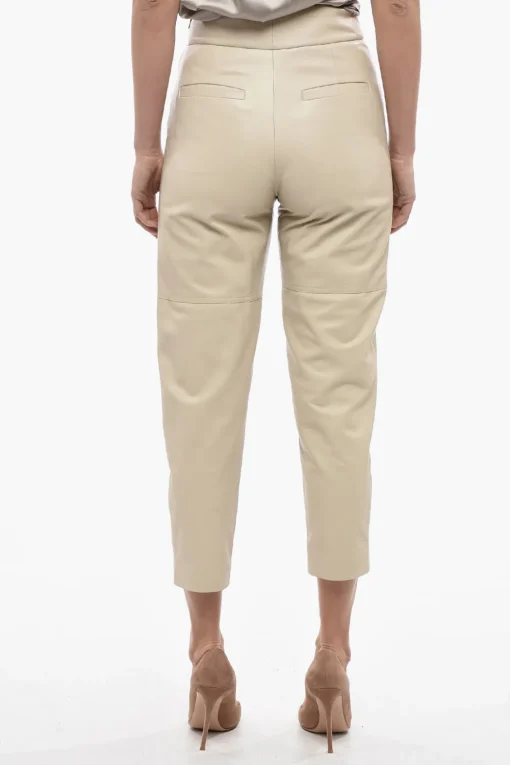 New Pantaloni a Vita Alta in Pelle con Zip Laterale Donna Pantaloni
