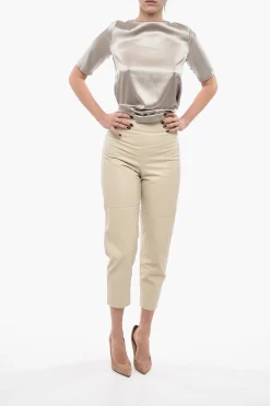 New Pantaloni a Vita Alta in Pelle con Zip Laterale Donna Pantaloni