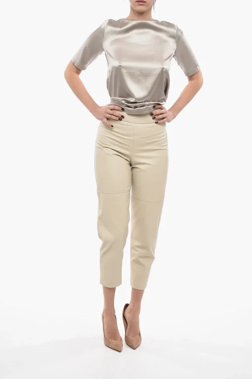 New Pantaloni a Vita Alta in Pelle con Zip Laterale Donna Pantaloni