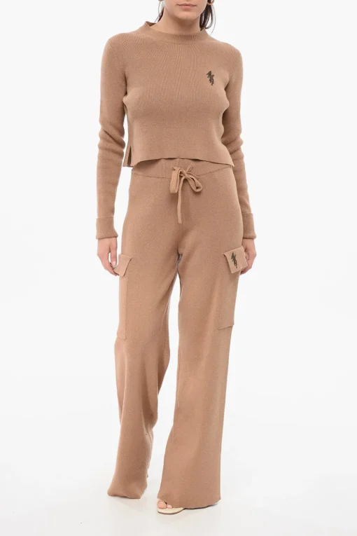 New Pantaloni Cargo in Misto Cashmere con Elastico in Vita Donna Pantaloni
