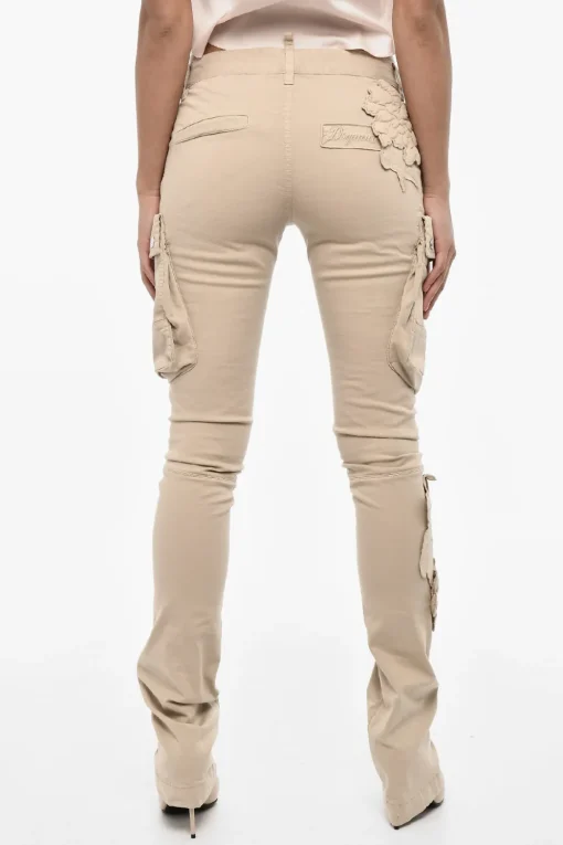 Discount Pantaloni Cargo in Twill di Cotone a Vita Regolare con Applicazioni Floreali Donna Pantaloni
