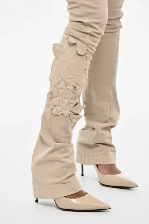 Discount Pantaloni Cargo in Twill di Cotone a Vita Regolare con Applicazioni Floreali Donna Pantaloni