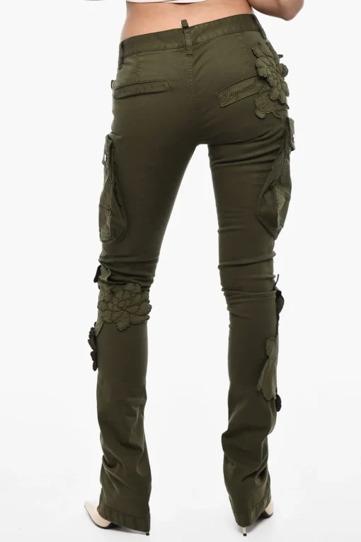 Pantaloni Cargo in Twill di Cotone a Vita Regolare con Applicazioni Floreali>Dsquared2 Fashion