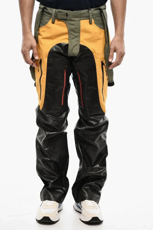 Sale Pantaloni Casual Tricolore in Cotone Spalmato con Bretelle Uomo Pantaloni