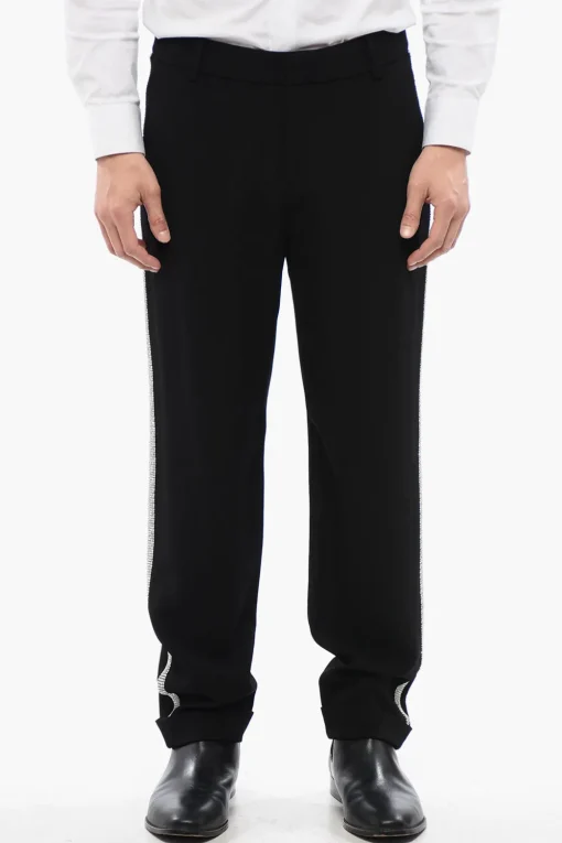 Pantaloni Chino in Viscosa con Bande Laterali in Cristalli>Balmain Hot