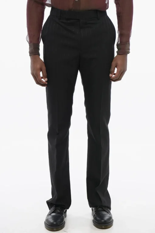 Pantaloni Gessati in Lana con Chiusura a Scomparsa>Celine New