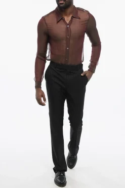 Pantaloni Gessati in Lana con Chiusura a Scomparsa></noscript>Celine New