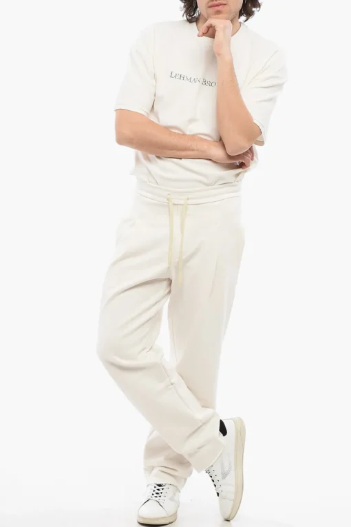 New Pantaloni in Cotone Garzato a 1 Pince con Patch Logo sul Retro Uomo Pantaloni