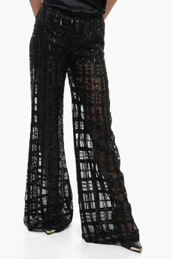 Pantaloni in Georgette con Motivo a Quadri Ricamato>Alberta Ferretti Discount