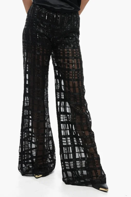 Pantaloni in Georgette con Motivo a Quadri Ricamato>Alberta Ferretti Discount
