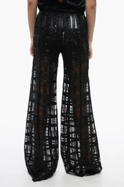 Pantaloni in Georgette con Motivo a Quadri Ricamato>Alberta Ferretti Discount