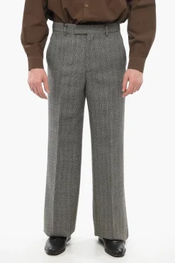 Outlet Pantaloni in Lana Herringbone con Chiusura a Scomparsa Uomo Pantaloni